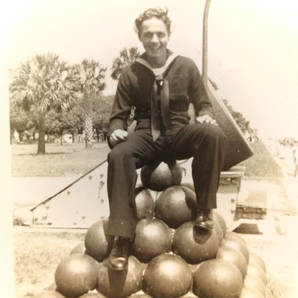 Navy Man Sitting On Canon Balls Photograph Original Snapshot Antique Found Photo